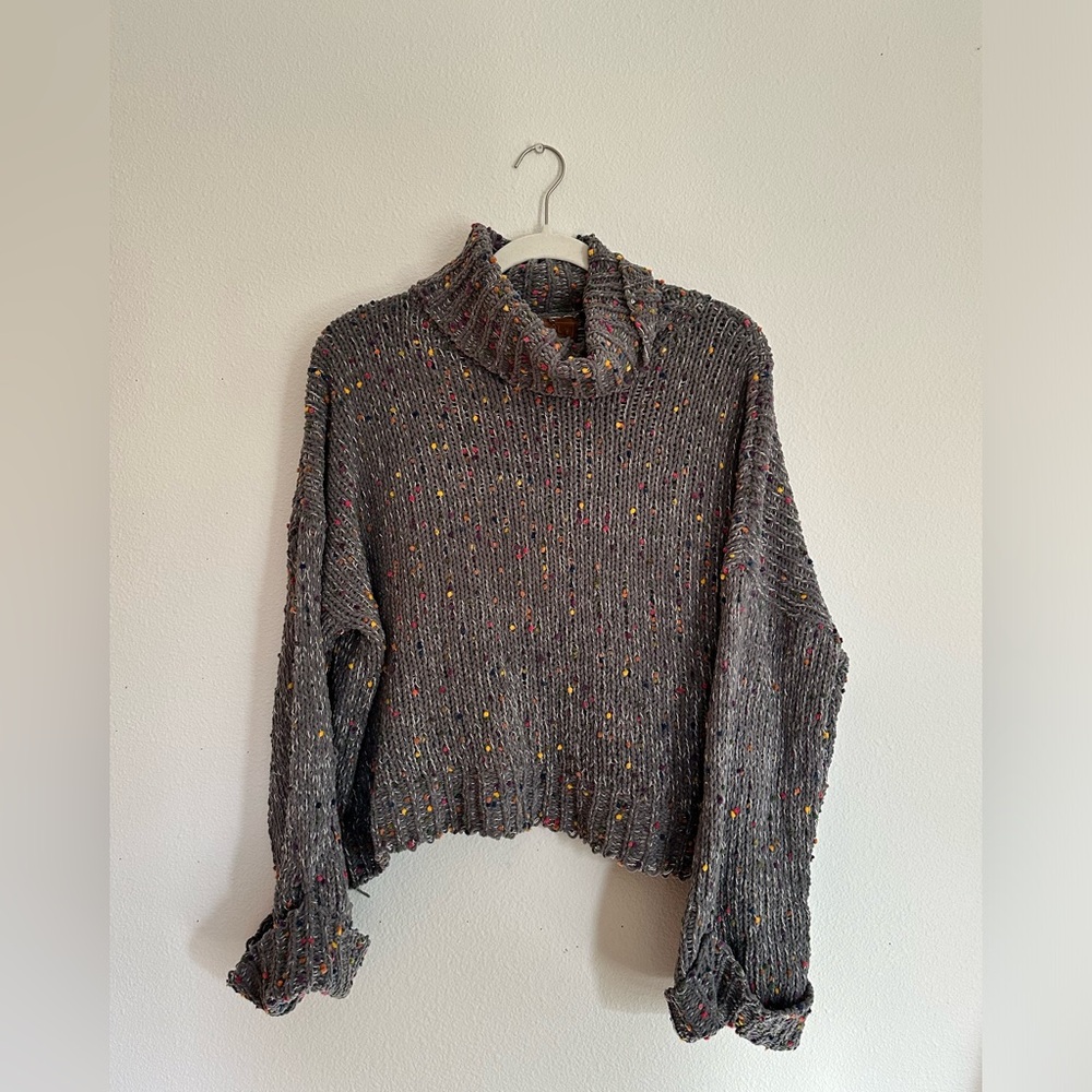 Gray sweater with colorful polka dots